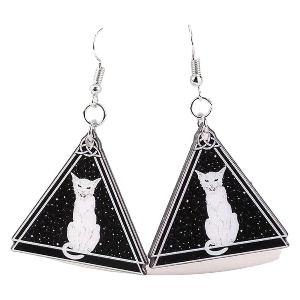 New Black Triangle White Cat & Stars Drop Earrings Geometric Cat Lover